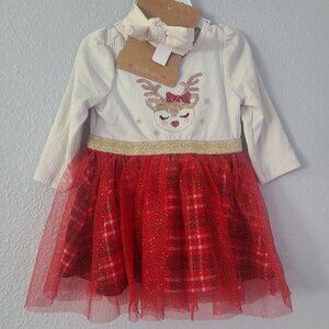 Young Hearts Baby Girl Christmas Reindeer Dress Set Red Plaid Tulle Sz 3–6M NWT